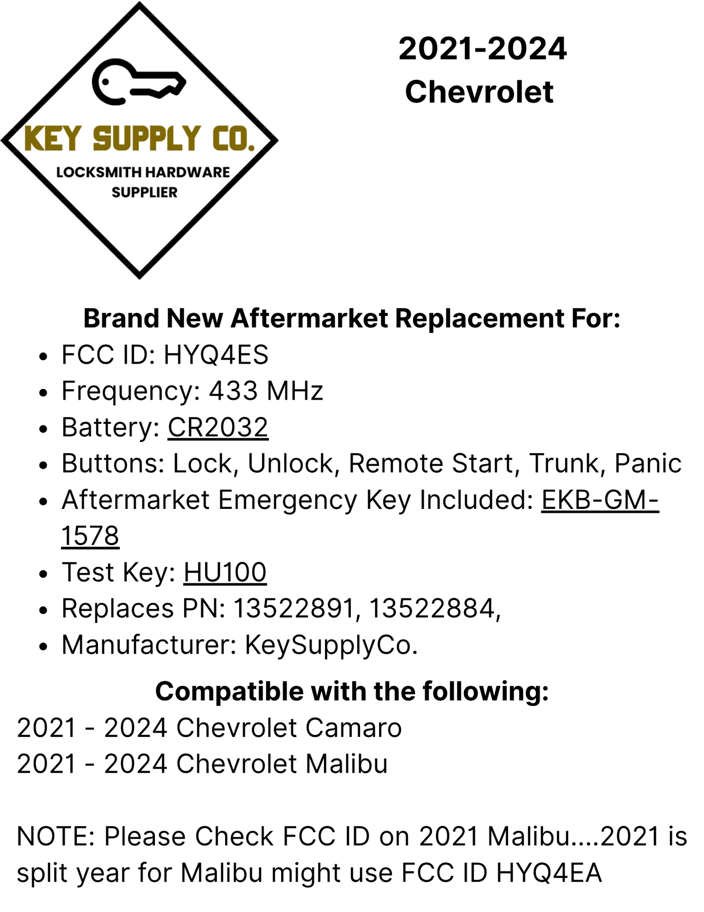 2021-2024 Chevrolet / 5-Button Smart Key / PN: 13522891 / HYQ4ES (AFTERMARKET)