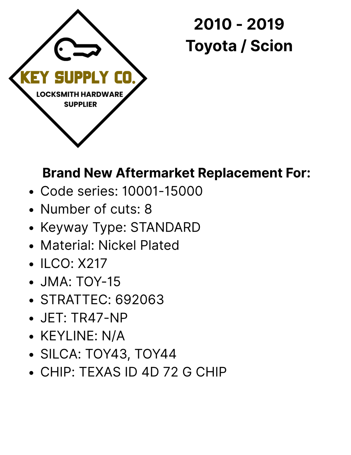 2010 - 2019 Toyota / Scion - TOY44G Transponder Key - (G Chip) (AFTERMARKET)