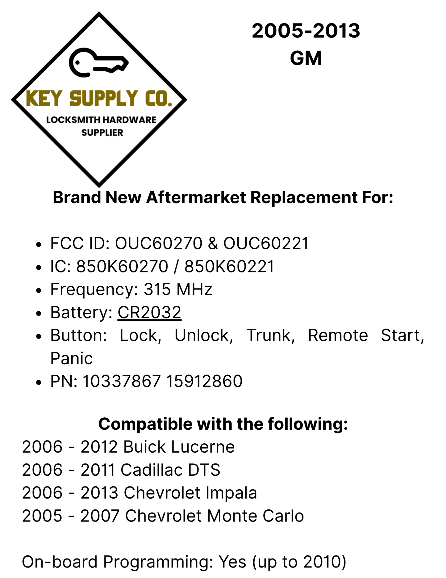 2005-2013 GM / 5-Button Keyless Entry Remote / OUC60270 / (AFTERMARKET)