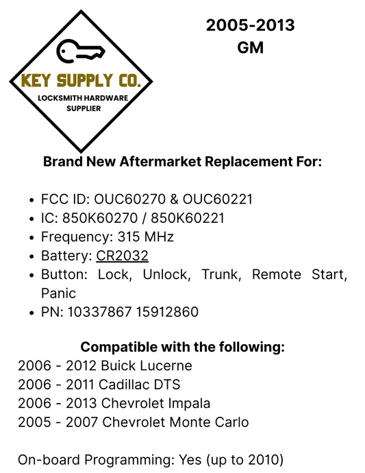 2005-2013 GM / 5-Button Keyless Entry Remote / OUC60270 / (AFTERMARKET)
