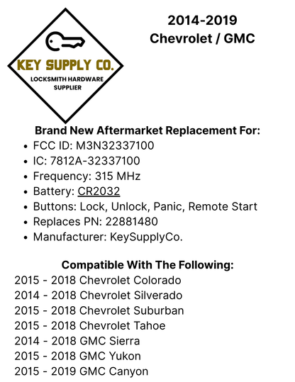 2014-2019 Chevrolet / GMC / 4-Button Keyless Entry Remote / PN: 22881480 / M3N32337100 (AFTERMARKET)