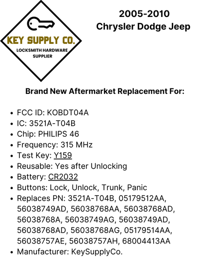 2005-2010 Chrysler Dodge Jeep / 4-Button Remote Head Key / KOBDT04A (AFTERMARKET)
