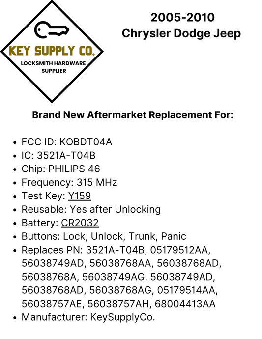 2005-2010 Chrysler Dodge Jeep / 4-Button Remote Head Key / KOBDT04A (AFTERMARKET)