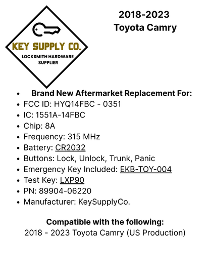 2018-2023 Toyota Camry / 4-Button Smart Key / PN: 89904-06200 / HYQ14FLA