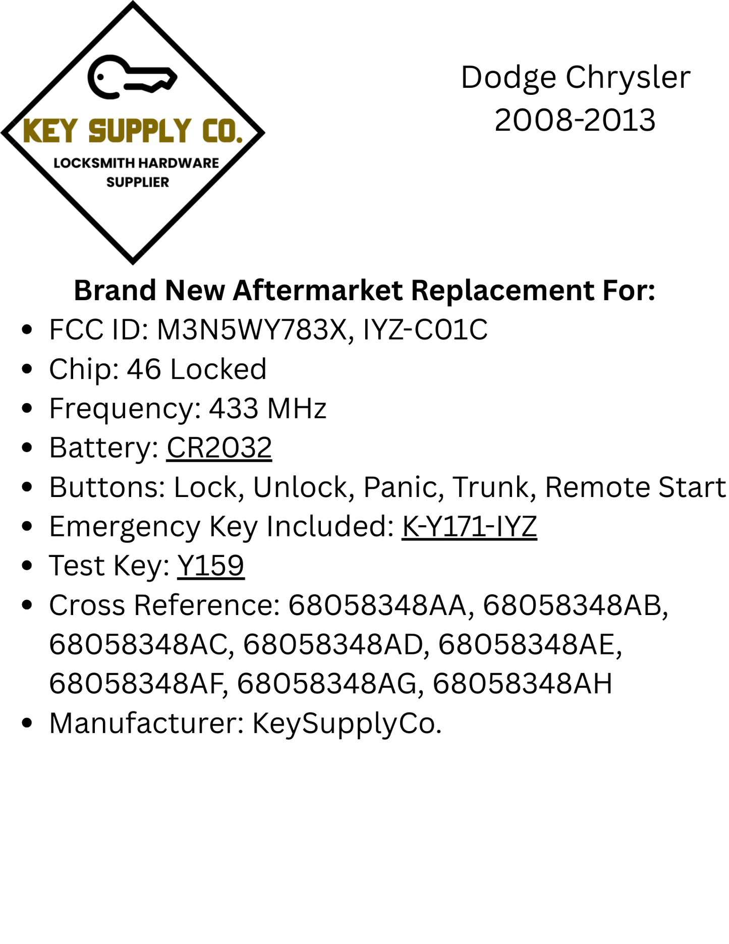 2008-2013 Chrysler Dodge / 5-Button Fobik / M3N5WY783X