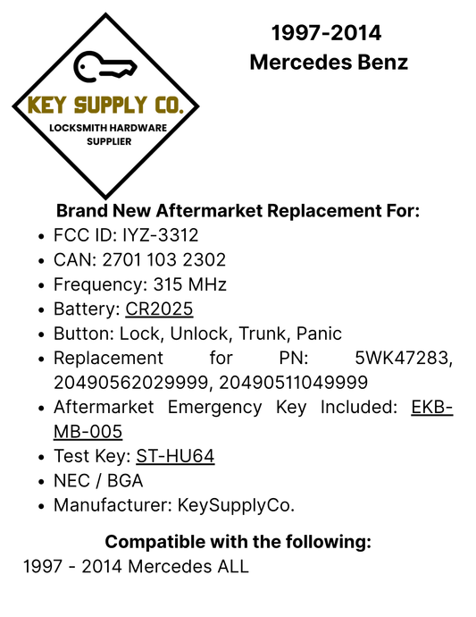 1997-2014 Mercedes Benz / 4-Button Fobik Key / IYZ-3312 / 315 MHz (Single Battery) (AFTERMARKET)
