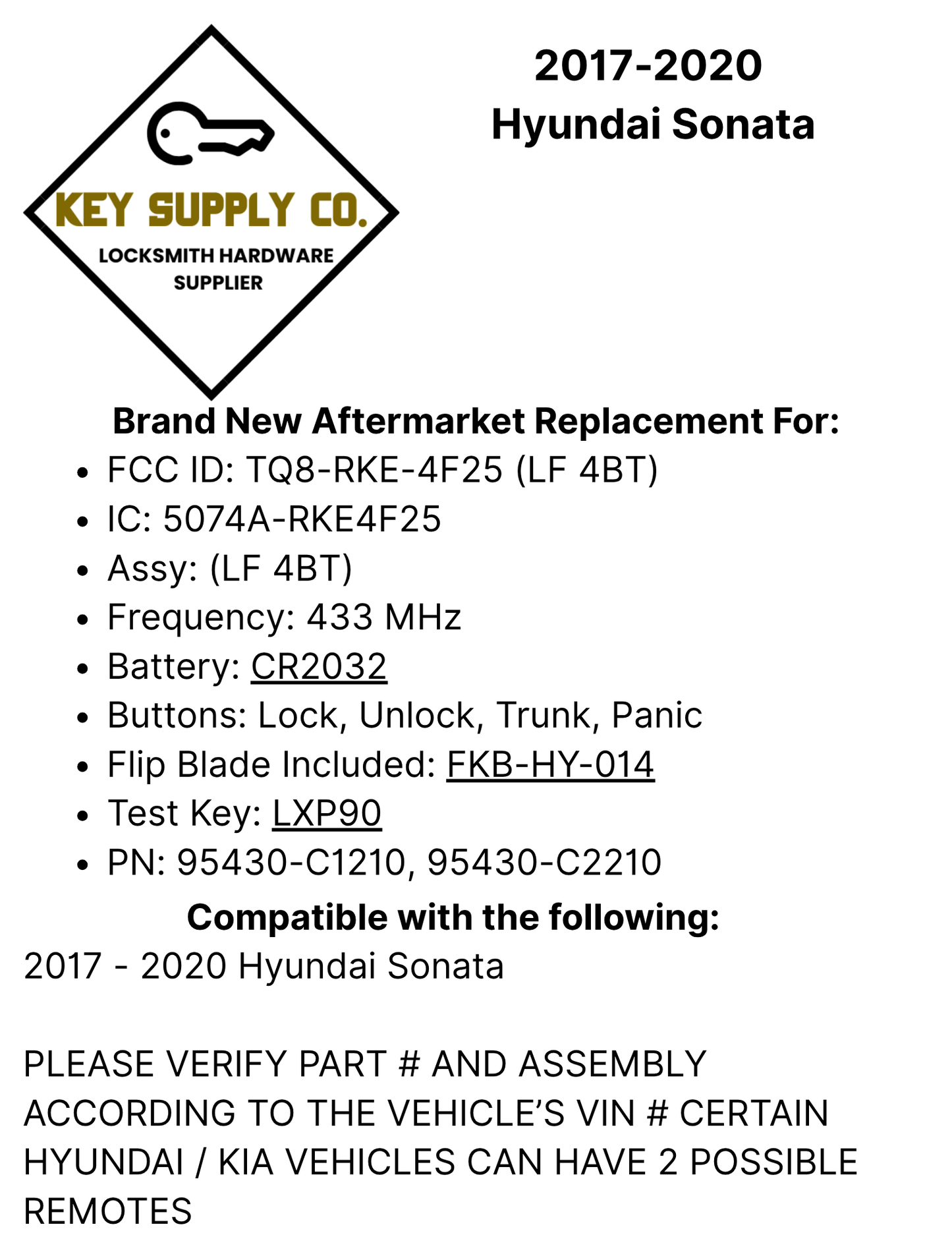 2017-2020 Hyundai Sonata / 4-Button Remote Flip Key / PN: 95430-C1210 / TQ8-RKE-4F25 (LF 4BT) (RFK-HY-SN25)