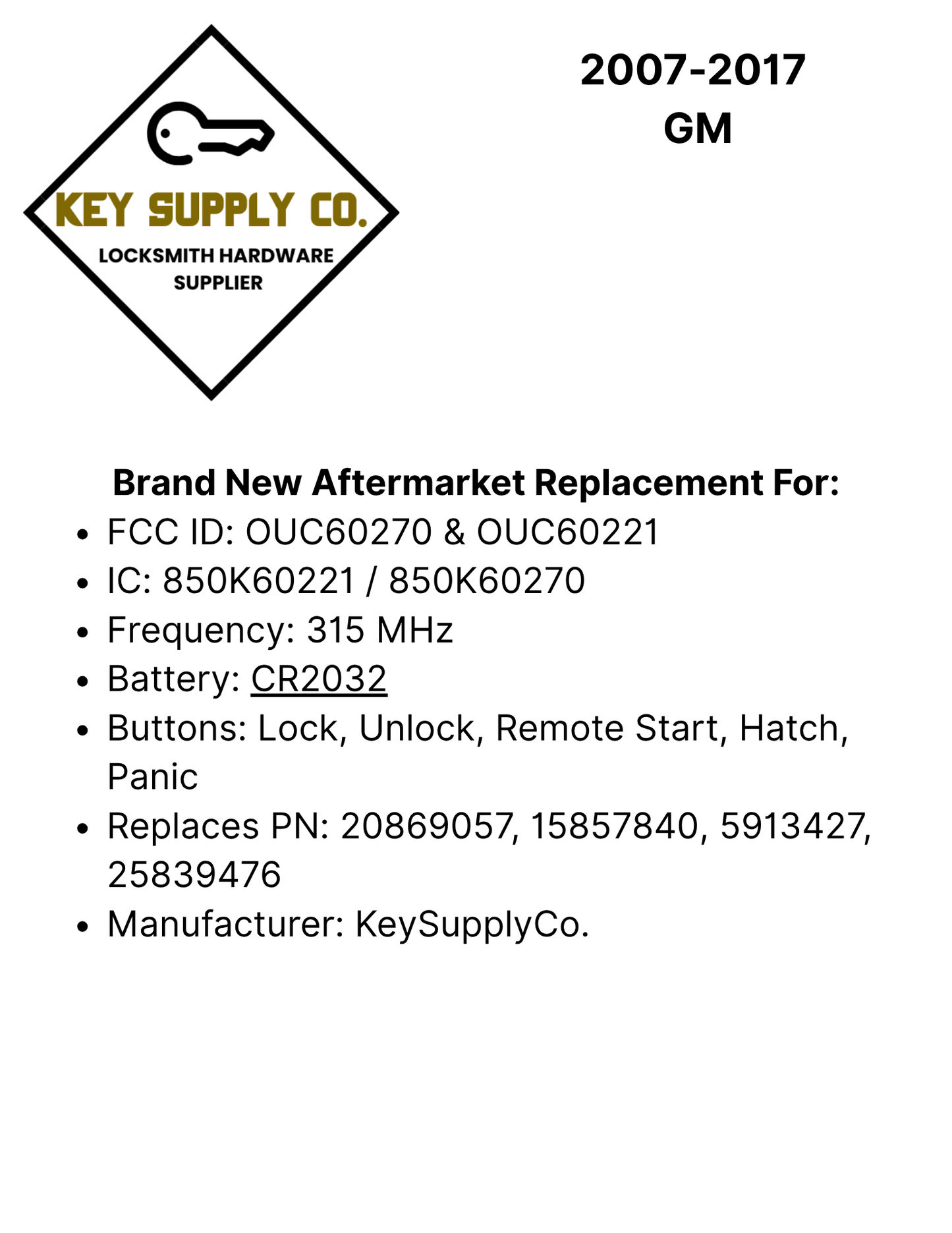 2007-2017 GM / 5-Button Keyless Entry Remote / PN: 20869057 / OUC60270 OUC60221 (AFTERMARKET)
