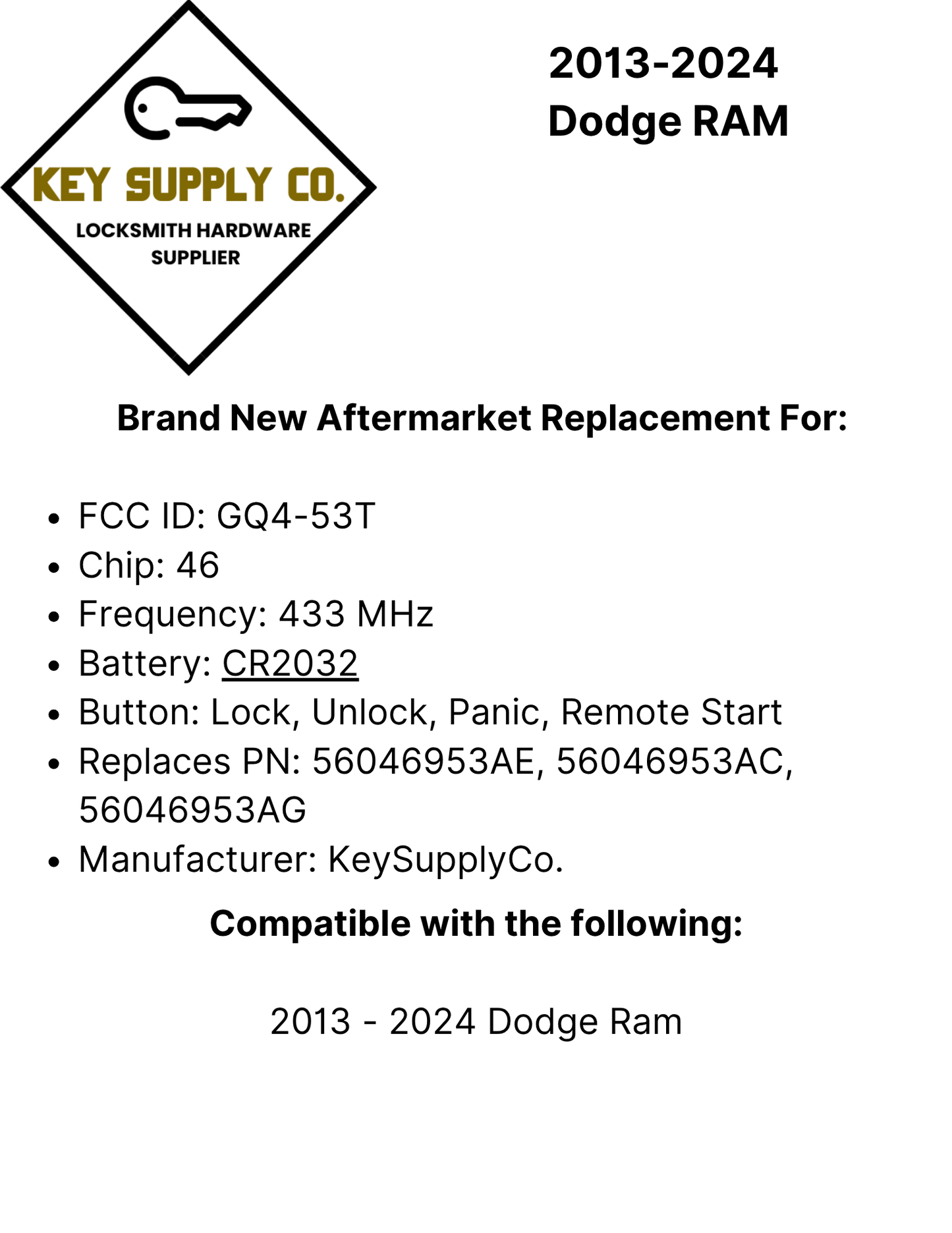 2013-2024 Dodge RAM / 4-Button Fobik Key / GQ4-53T (AFTERMARKET)