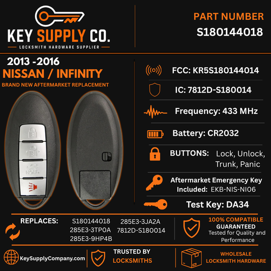 2013-2016 Nissan / Infiniti / 4-Button Smart Key / S180144018 / KR5S180144014 / IC 014 (AFTERMARKET)
