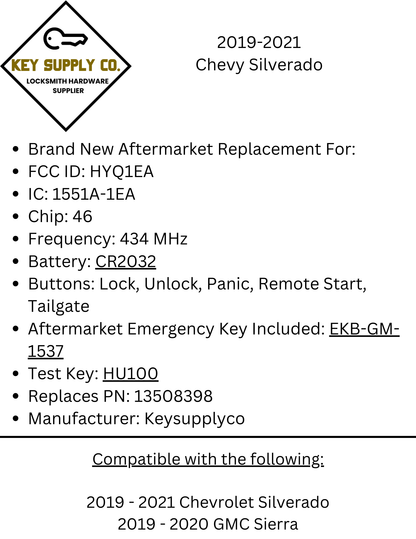 2019-2021 Chevrolet Silverado / 5-Button Smart Key w/ Tailgate / PN: 13508398 / HYQ1EA / 434 MHz (AFTERMARKET)