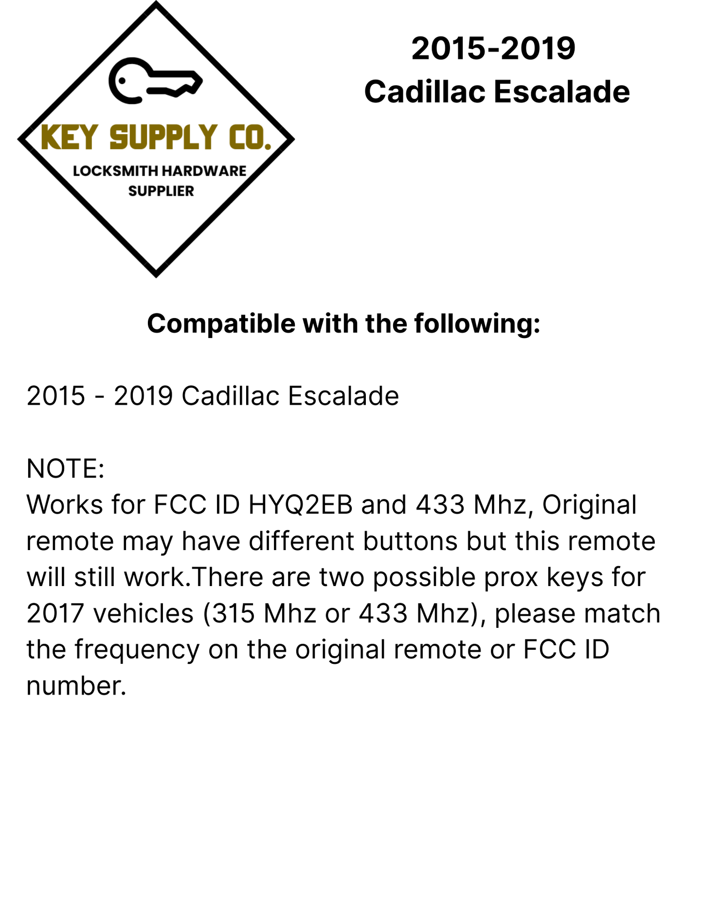 2015-2019 Cadillac Escalade / 6-Button Smart Key /  13598512 / HYQ2EB / 433 MHz W/ Hatch (AFTERMARKET)