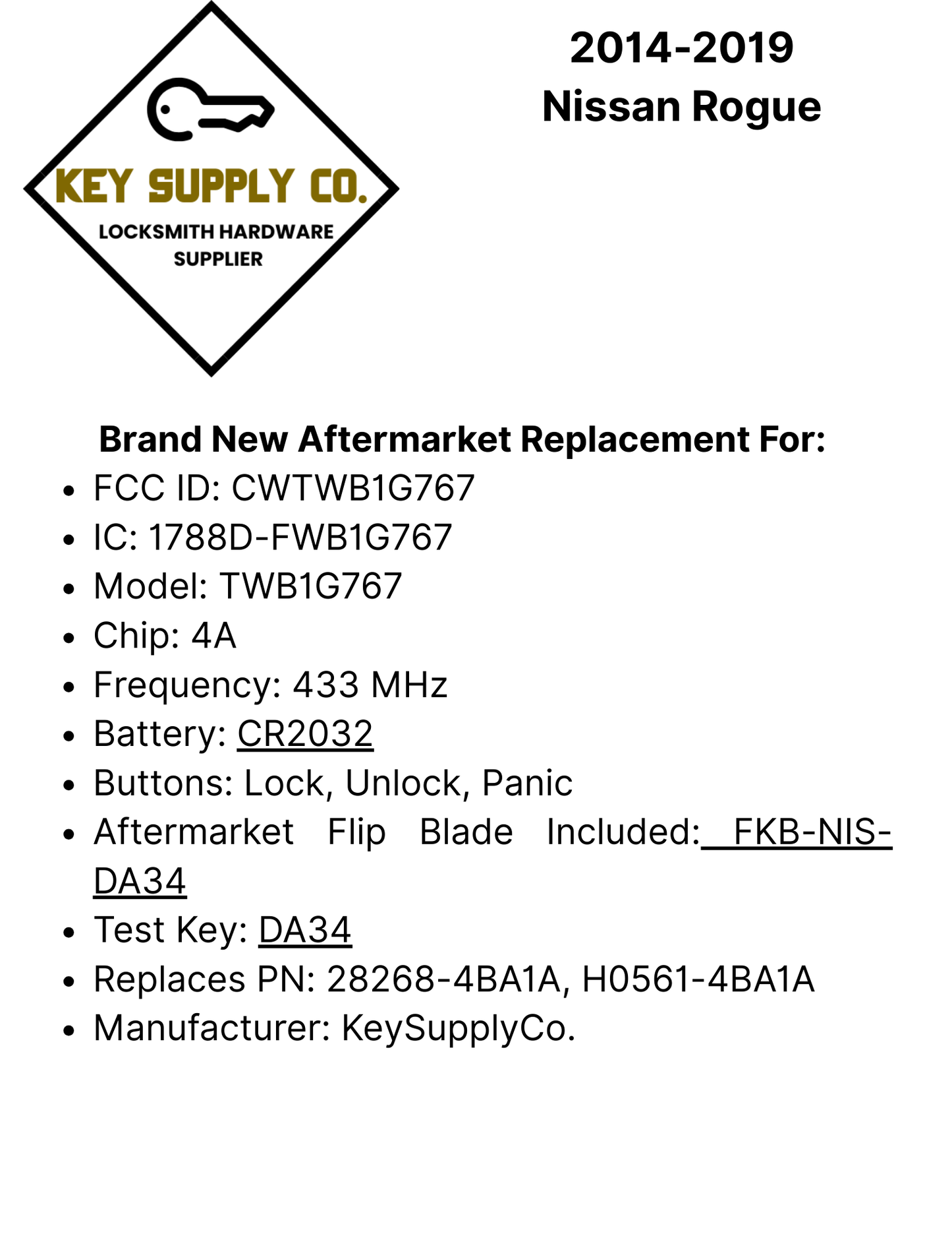 2014-2019 Nissan Rogue / 3-Button Flip Key / PN: 28268-4BA1A / CWTWB1G767 / (AFTERMARKET)