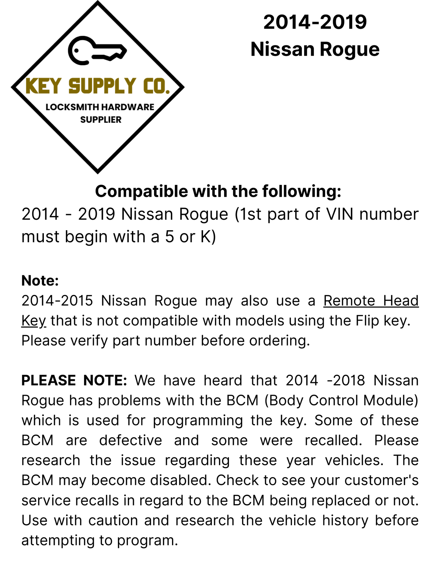 2014-2019 Nissan Rogue / 3-Button Flip Key / PN: 28268-4BA1A / CWTWB1G767 / (AFTERMARKET)