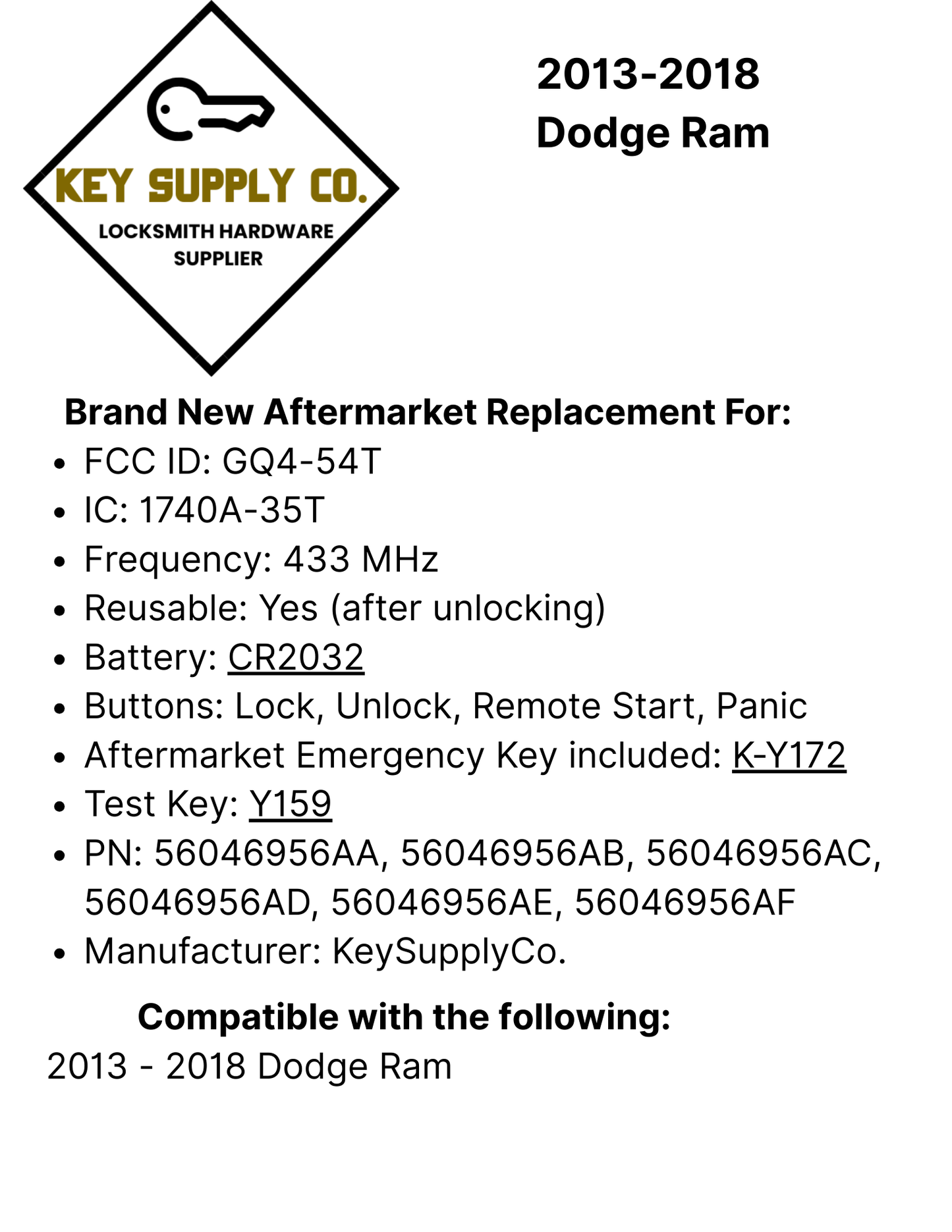2013-2018 Dodge Ram / 4-Button Smart Key / PN: 56046956AA / GQ4-54T (AFTERMARKET)