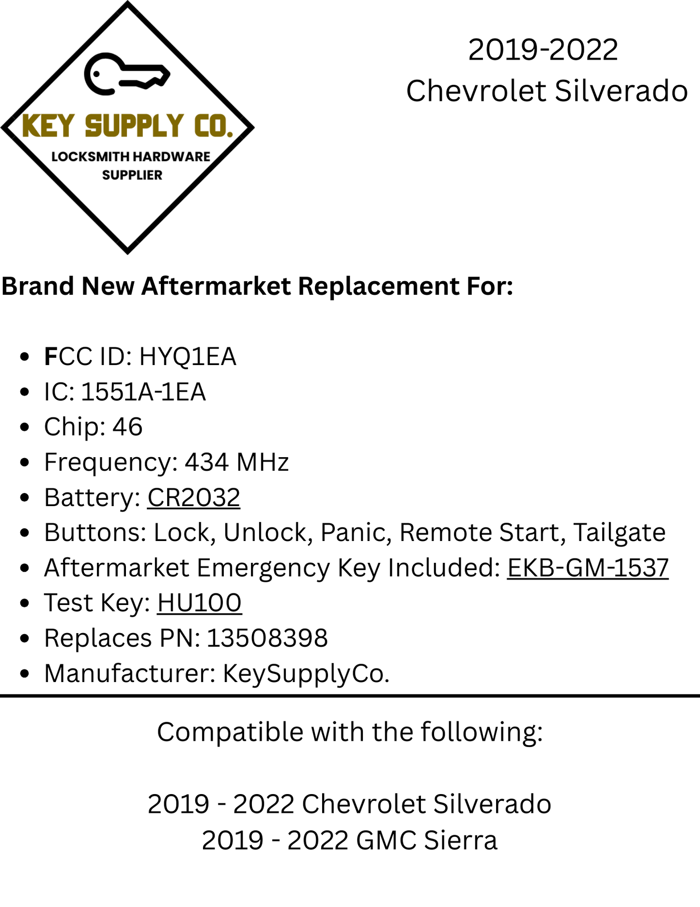 2019-2022 Chevrolet Silverado / 5-Button Smart Key w/ Tailgate / PN: 13508398 / HYQ1EA / 434 MHz (AFTERMARKET)