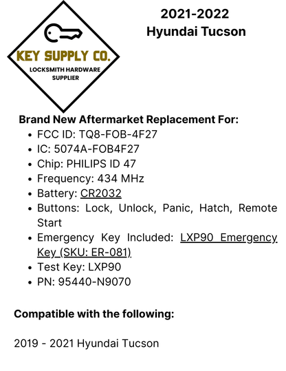 2021-2022 Hyundai Tucson / 5-Button Smart Key / PN: 95440-N9070 / TQ8-FOB-4F27 (Aftermarket)