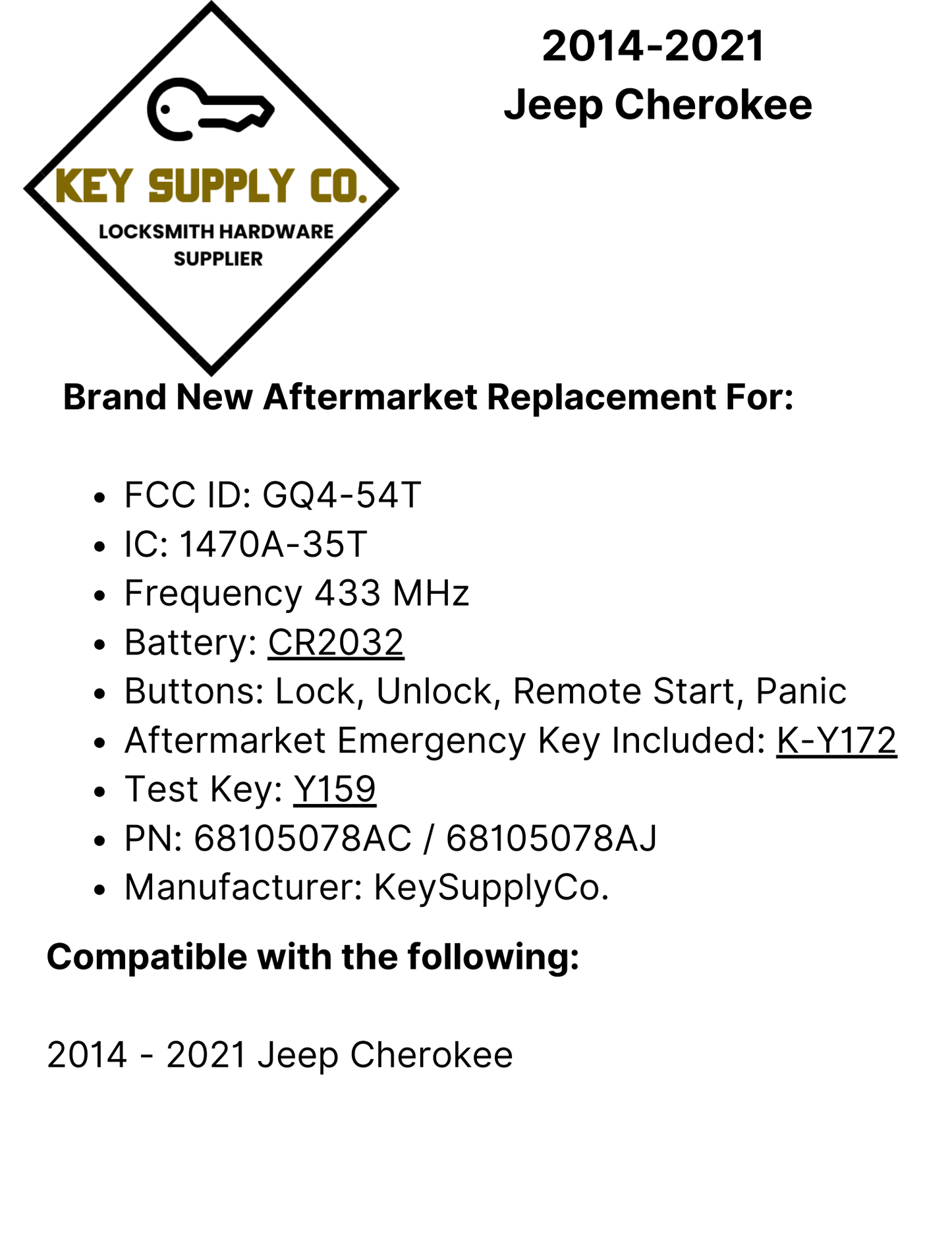 2014-2021 Jeep Cherokee / 4-Button Smart Key / 68105078AC / GQ4-54T (AFTERMARKET)