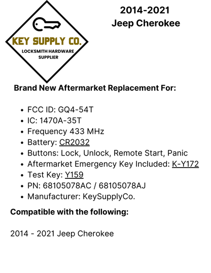 2014-2021 Jeep Cherokee / 4-Button Smart Key / 68105078AC / GQ4-54T (AFTERMARKET)