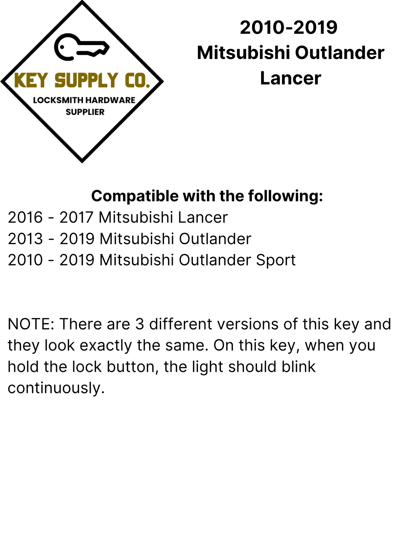 2010-2019 Mitsubishi Outlander Lancer / 3-Button Remote Head Key with Shoulder / PN: 6370B944 / OUCJ166N (AFTERMARKET)