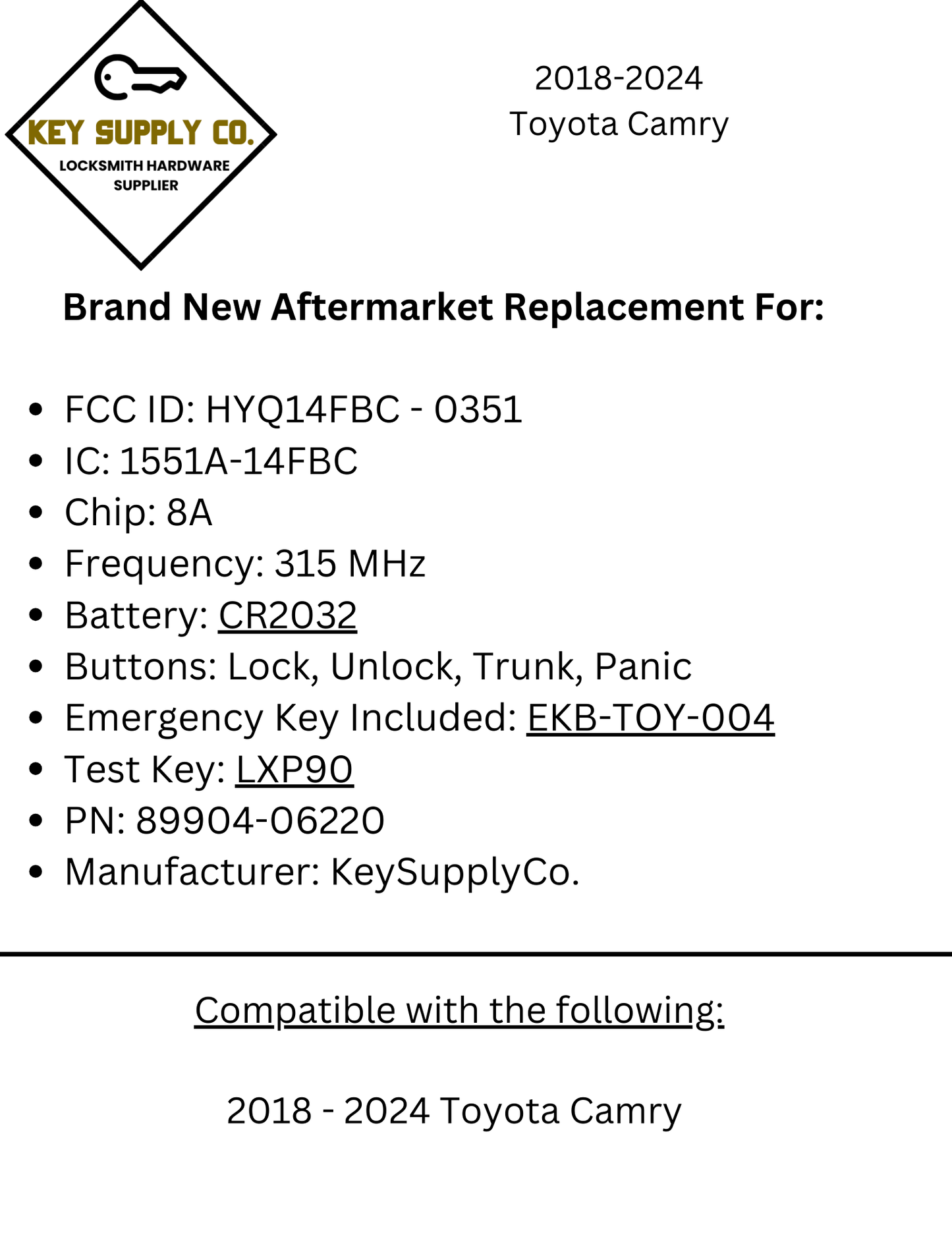 2018-2024 Toyota Camry / 4-Button Smart Key / 89904-06220 / HYQ14FBC / 0351