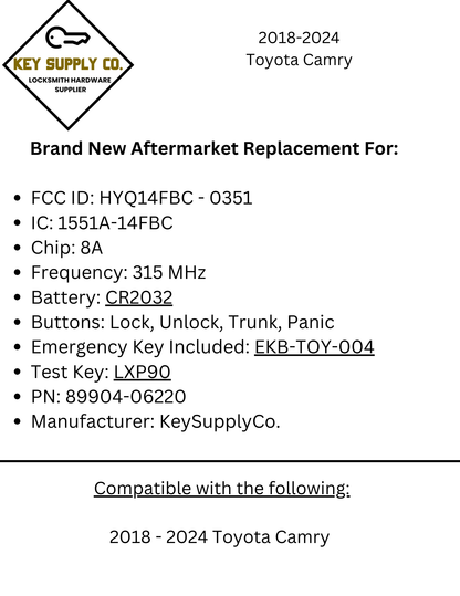 2018-2024 Toyota Camry / 4-Button Smart Key / 89904-06220 / HYQ14FBC / 0351