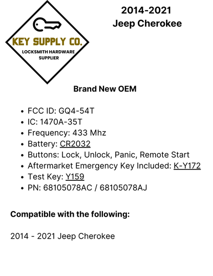 2014-2021 Jeep Cherokee / 4-Button Smart Key / PN: 68105078AC / GQ4-54T (OEM)