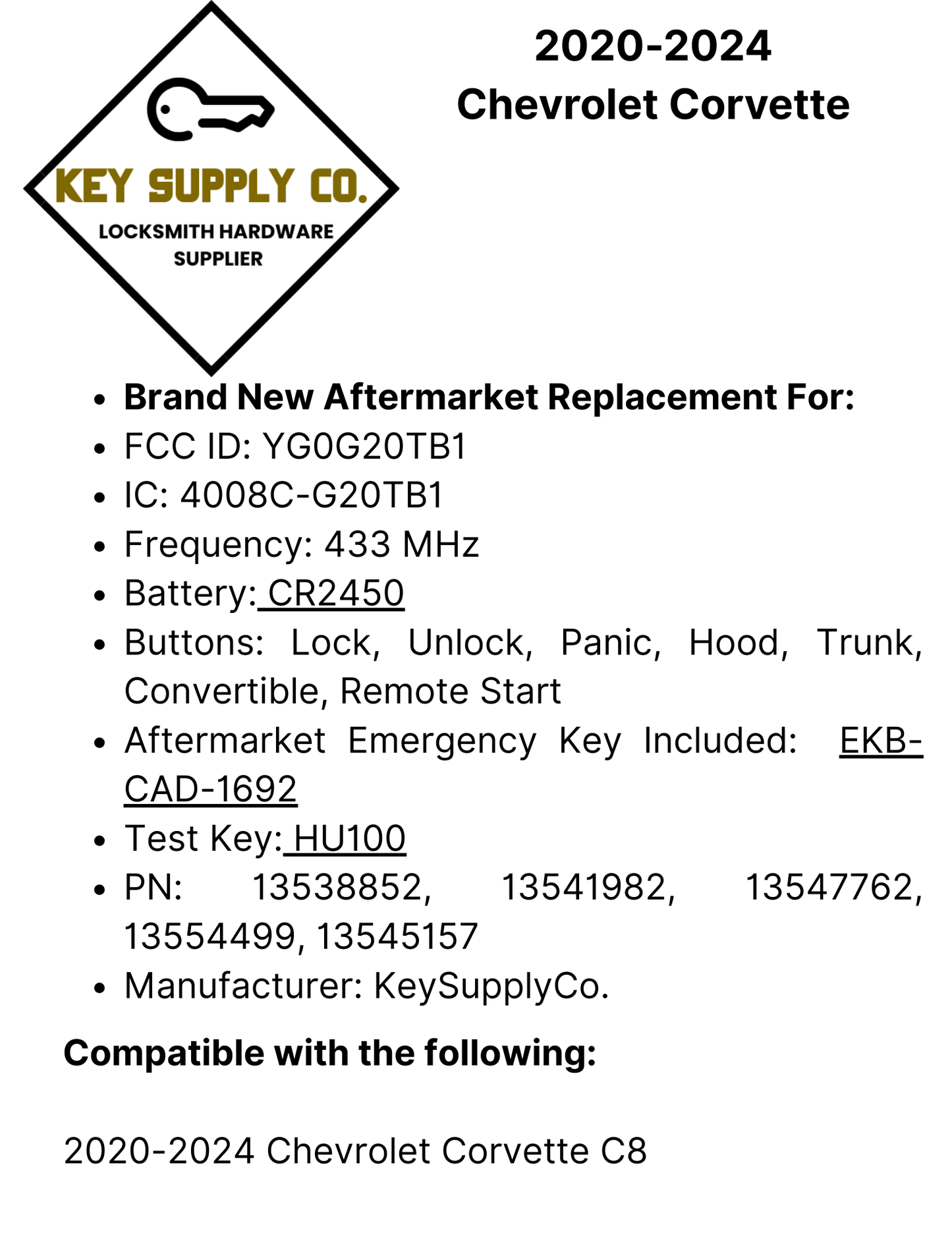 2020-2024 Chevrolet Corvette / 7-Button Smart Key / PN: 13538852 / YG0G20TB1 (AFTERMARKET)