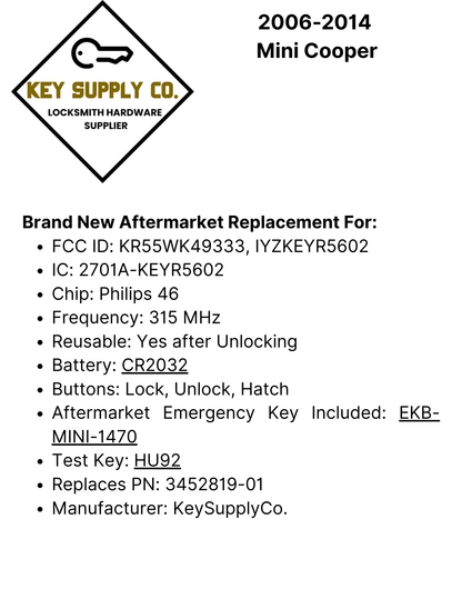 2006-2014 Mini Cooper / 3-Button Smart Key / KR55WK49333 (AFTERMARKET)
