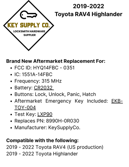 2019-2022 Toyota RAV4 Highlander / 4-Button Smart Key / 8990H-0R030 / HYQ14FBC / 0351 (AFTERMARKET)
