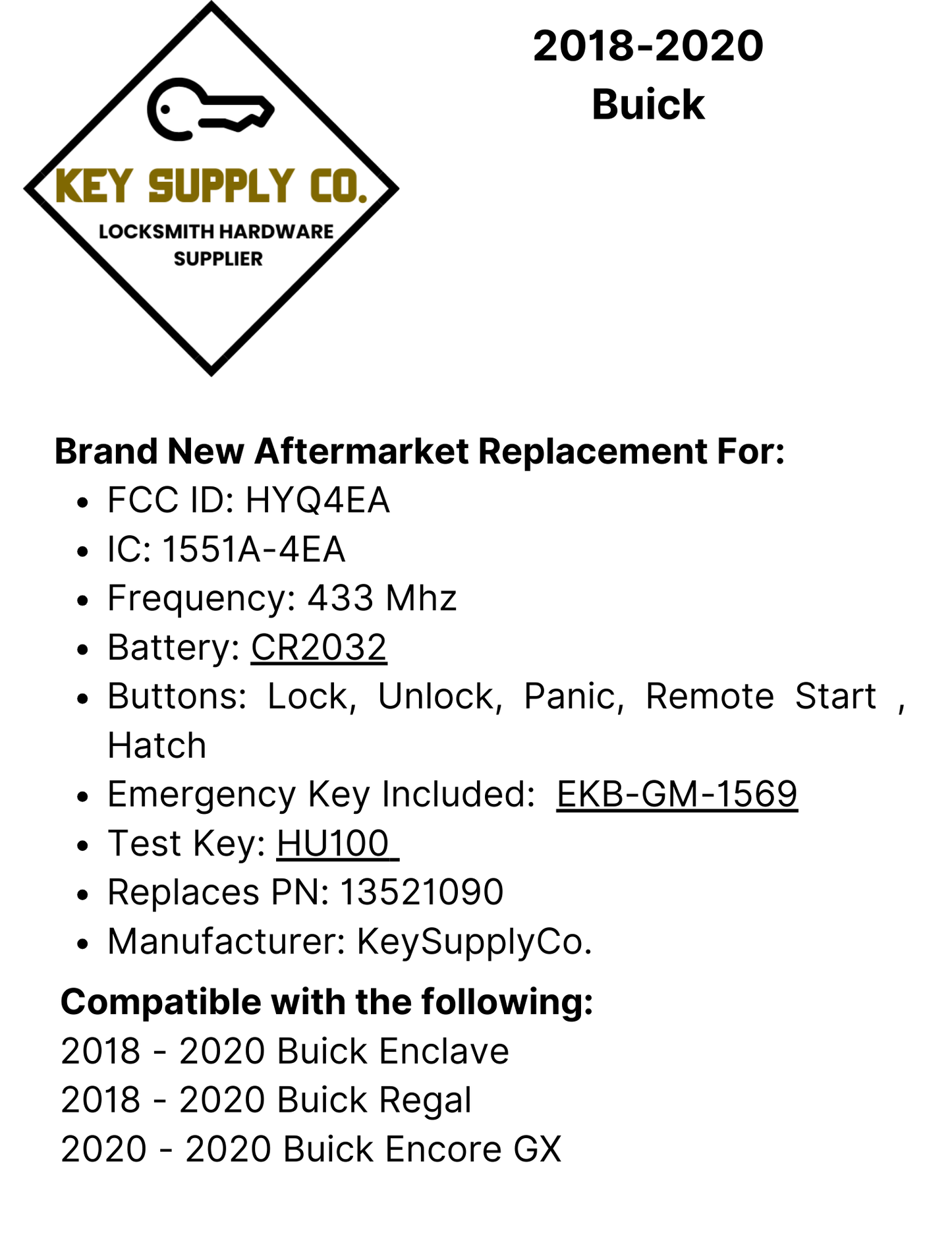 2018-2020 Buick / 5-Button Smart Key / PN: 13521090 / HYQ4EA (AFTERMARKET)