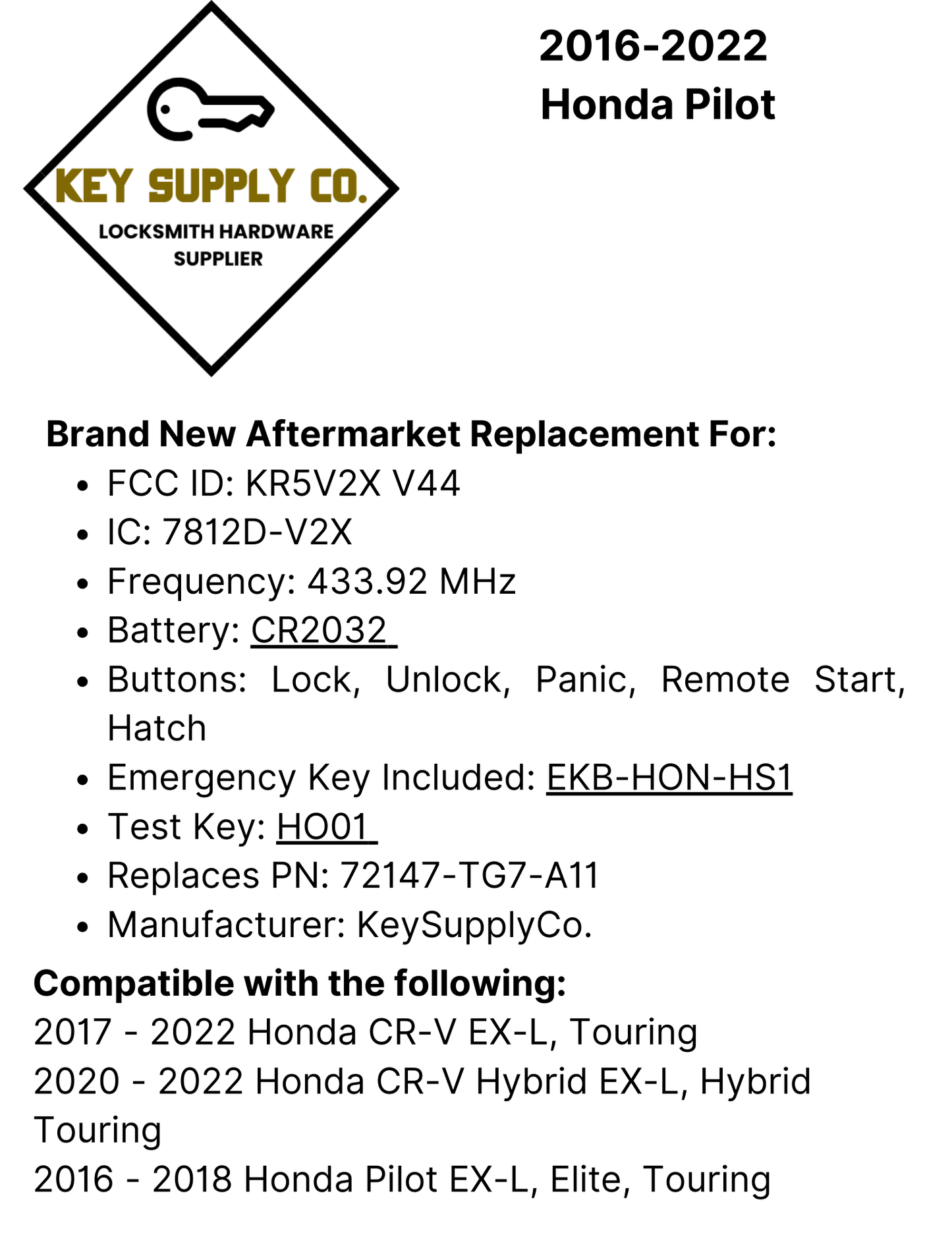 2016-2022 Honda Pilot / 5-Button Smart Key / PN: 72147-TG7-A11 / KR5V2X V44 (AFTERMARKET)