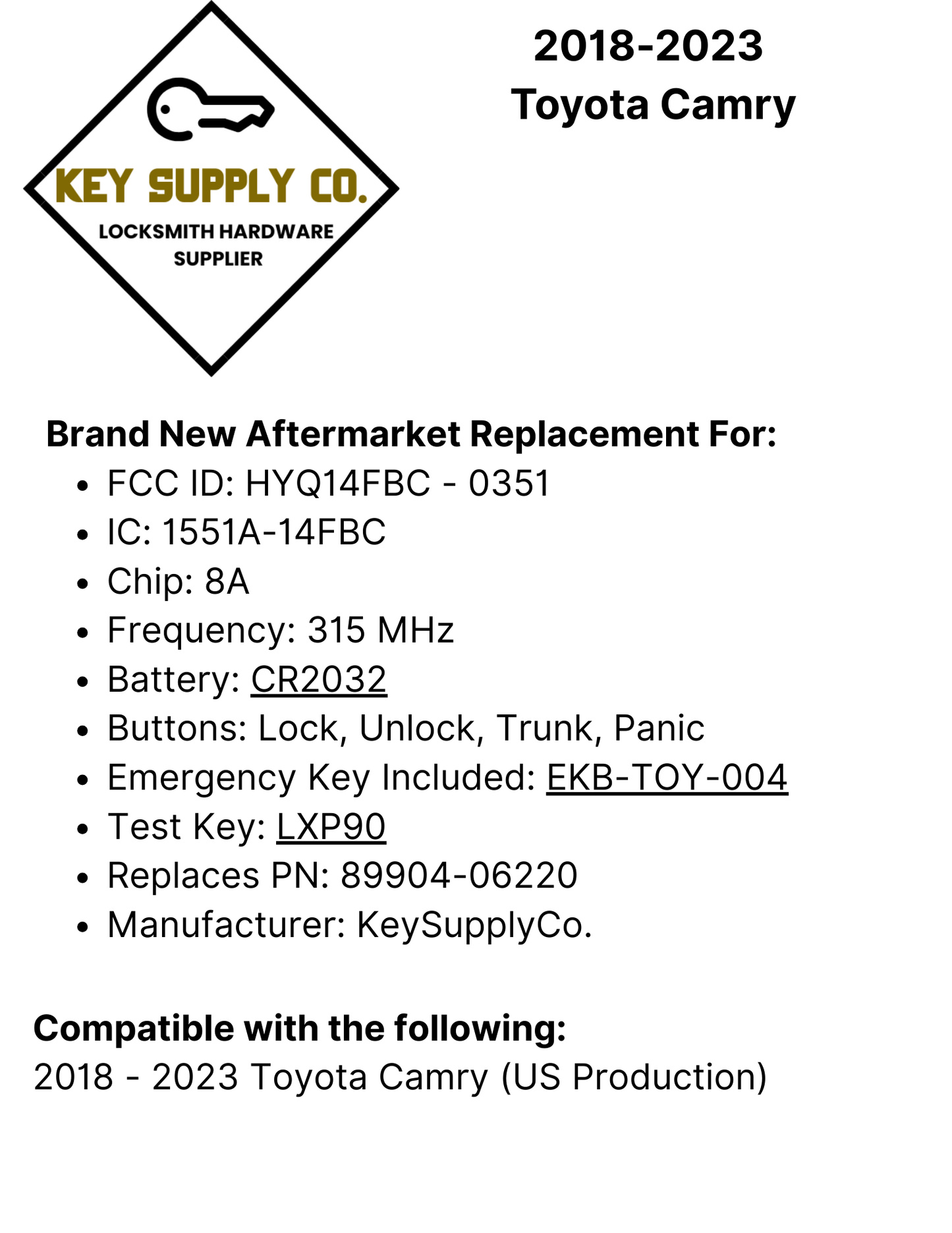 2018-2023 Toyota Camry / 4-Button Smart Key / 89904-06220  / HYQ14FBC / 0351 (AFTERMARKET)