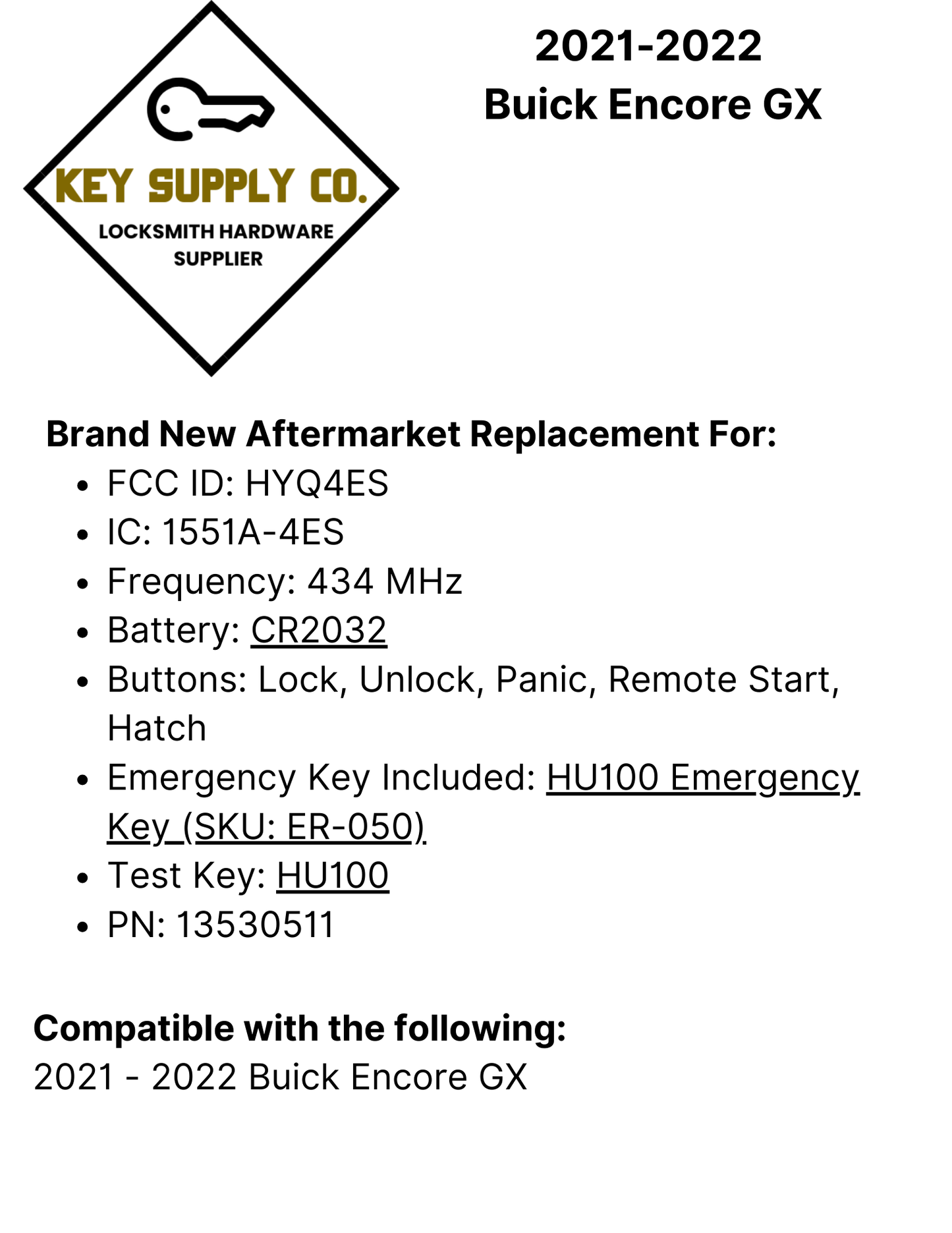 2021-2022 Buick Encore GX / 5-Button Smart Key / PN: 13530511 / HYQ4ES