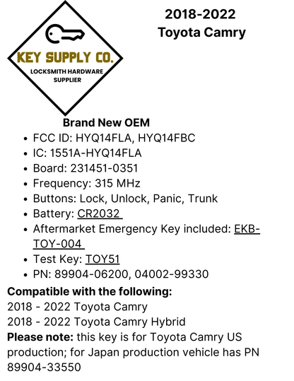 2018-2022 Toyota Camry / 4-Button Smart Key / PN: 89904-06200 / HYQ14FLA (OEM)
