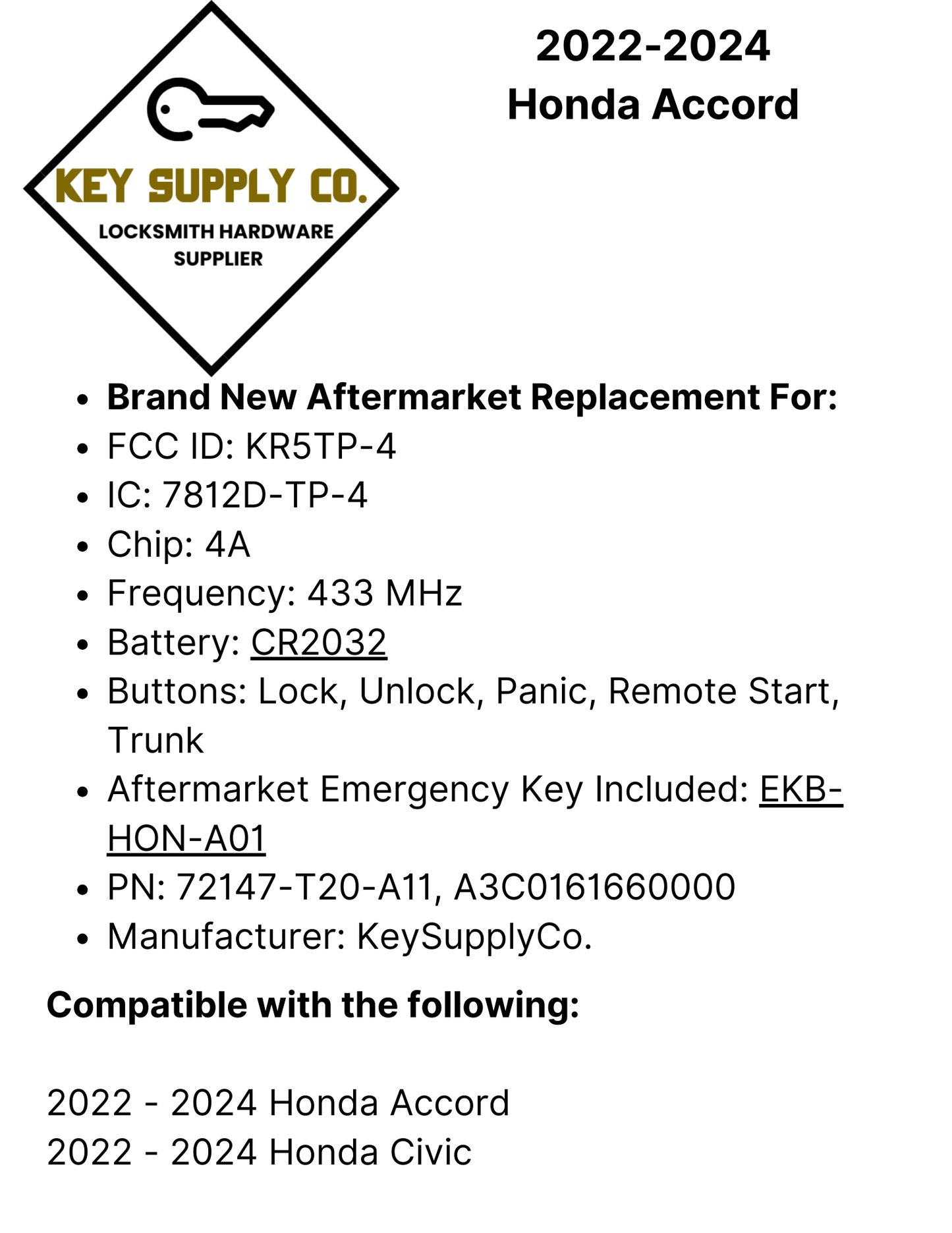 2022-2024 Honda Accord / 5-Button Smart Key / PN: 72147-T20-A11 / KR5TP-4 (AFTERMARKET)