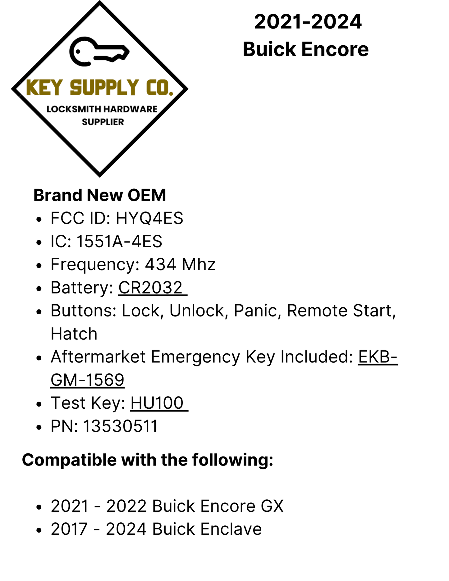 2021-2024 Buick Encore / 5-Button Smart Key / PN: 13530511 / HYQ4ES (OEM)