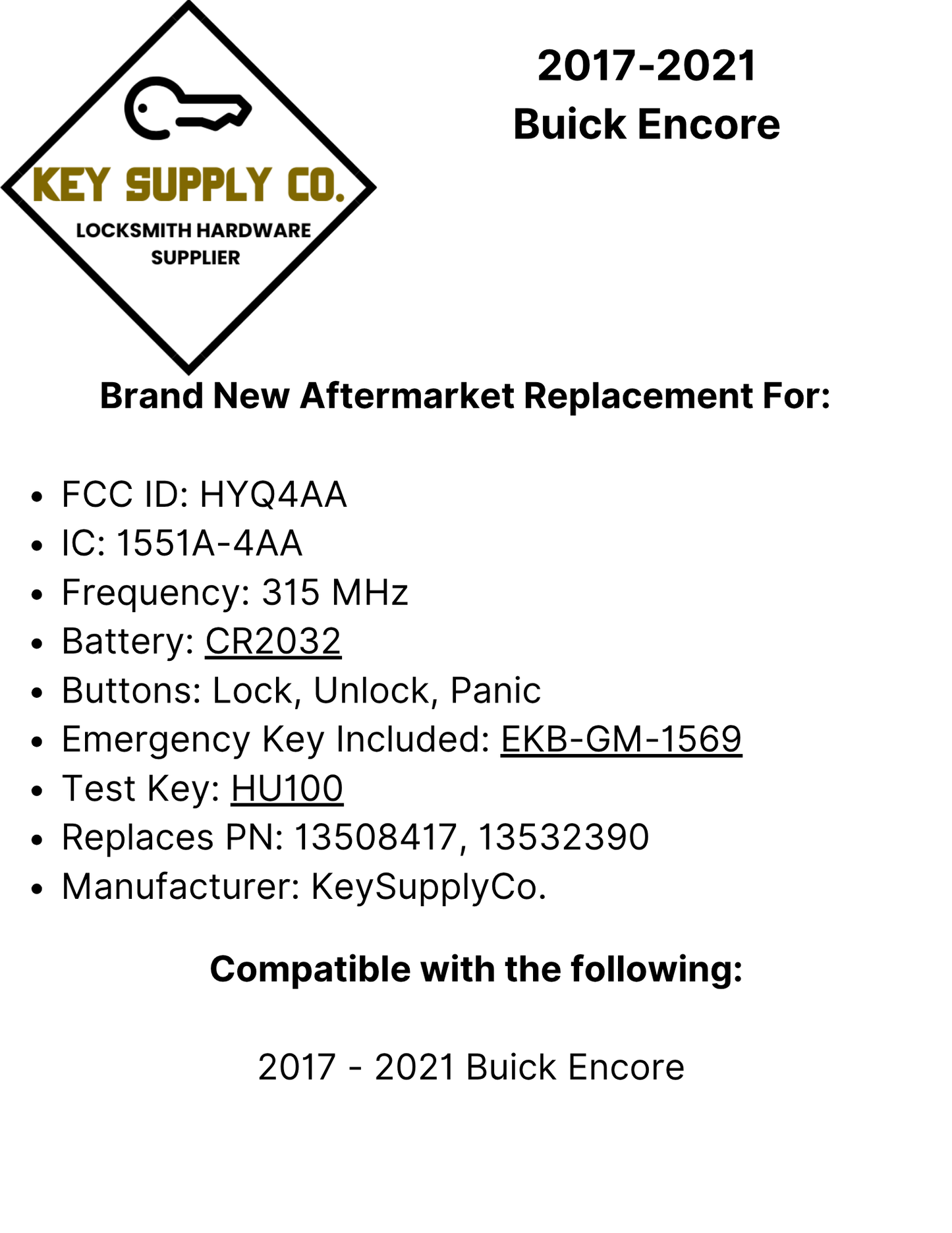 2017-2021 Buick Encore / 3-Button Smart Key / PN: 13508417 / HYQ4AA (AFTERMARKET)