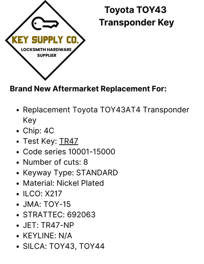 Toyota TOY43 Transponder Key (4C Chip) (AFTERMARKET)