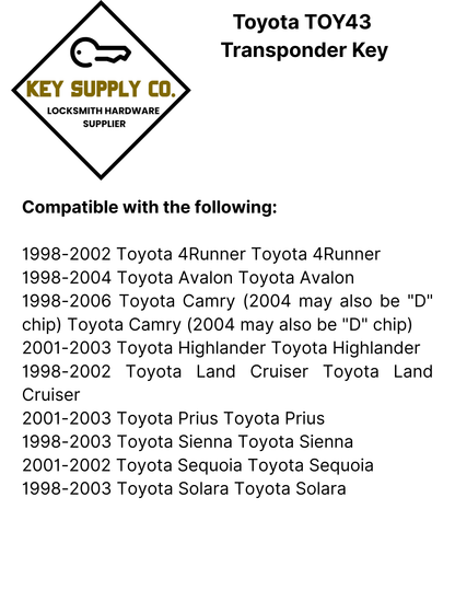 Toyota TOY43 Transponder Key (4C Chip) (AFTERMARKET)