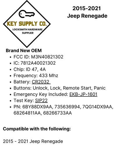 2015-2021 Jeep Renegade / 4-Button Smart Key / PN: 6BY88DX9AA 735636994 / M3N-40821302 (OEM)