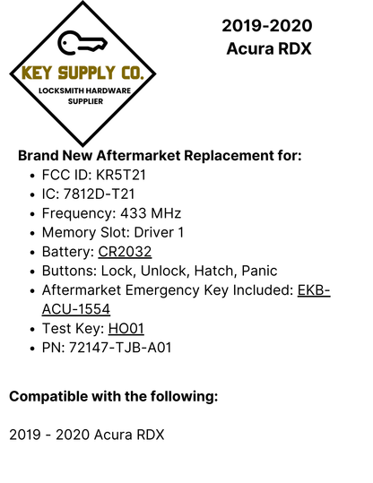 2019-2020 Acura RDX / 4-Button Smart Key / PN: 72147-TJB-A01 / KR5T21 / Driver 1  (AFTERMARKET)