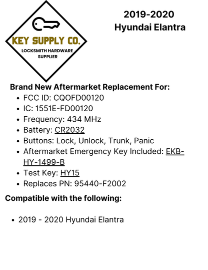 2019-2020 Hyundai Elantra / 4-Button Smart Key / PN: 95440-F2002 / CQOFD00120 (AFTERMARKET)