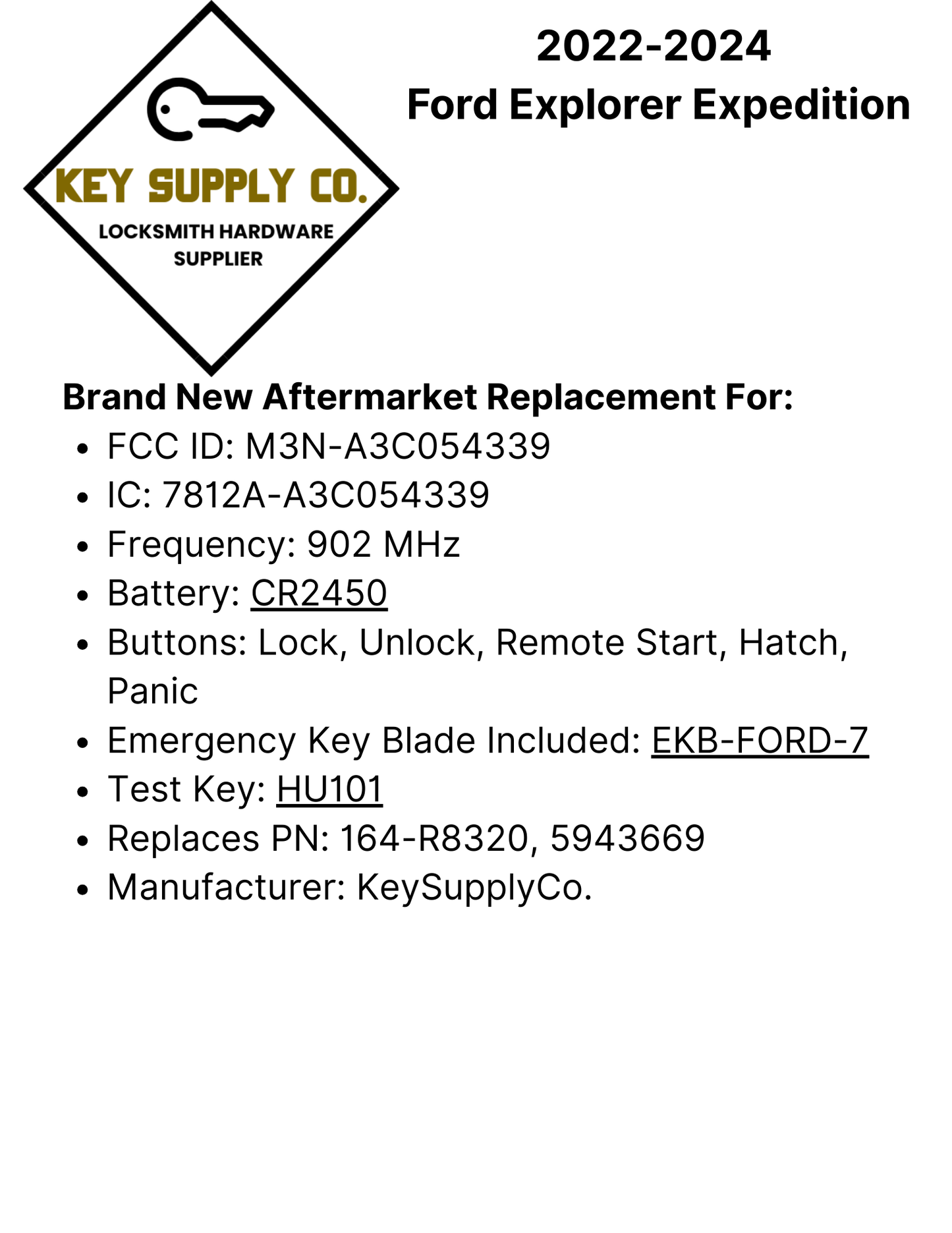 2022-2024 Ford Explorer Expedition / 5-Button Smart Key / PN: 164-R8320 / M3N-A3C054339 (AFTERMARKET)