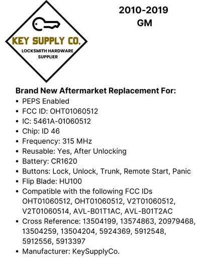 2010-2019 GM / 5-Button Flip Key / PEPS / PN: 13504199 / OHT01060512 / HU100 / PEPS (AFTERMARKET)