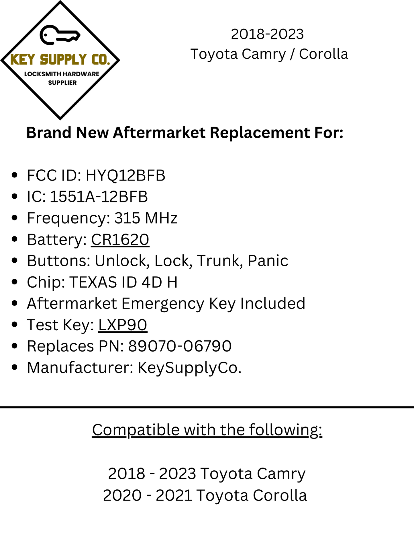 2018-2023 Toyota Camry / 4-Button Flip Key / PN: 89070-06790 / HYQ12BFB (H Chip) (AFTERMARKET)