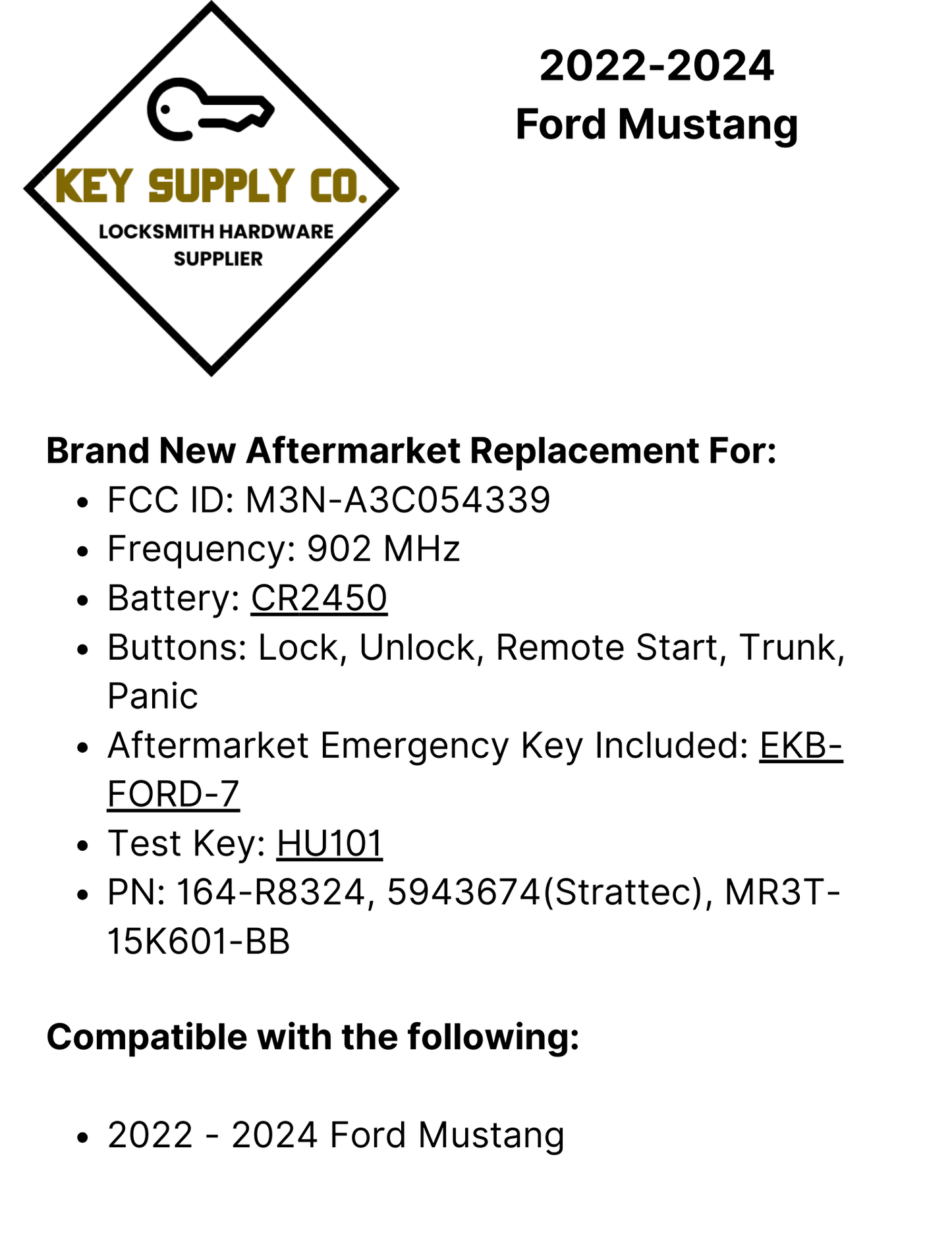 2022-2024 Ford Mustang / 5-Button Smart Key / PN: 164-R8324 / M3N-A3C054339 (AFTERMARKET)