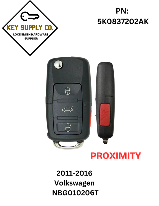 2011-2016 Volkswagen / 4-Button Flip Key / PN: 5K0837202AK / NBG010206T / HU66 / PROX / 315 MHz (AFTERMARKET)