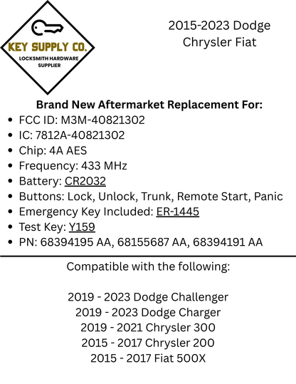 2015-2023 Dodge Chrysler Fiat / 5-Button Smart Key / PN: 68394195 AA / M3M-40821302 (AFTERMARKET)