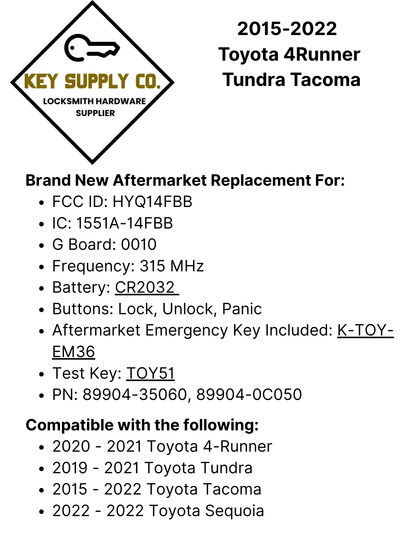 2015-2022 Toyota 4Runner Tundra Tacoma / 3-Button Smart Key / PN: 89904-35060 / HYQ14FBB-0010 (AFTERMARKET)